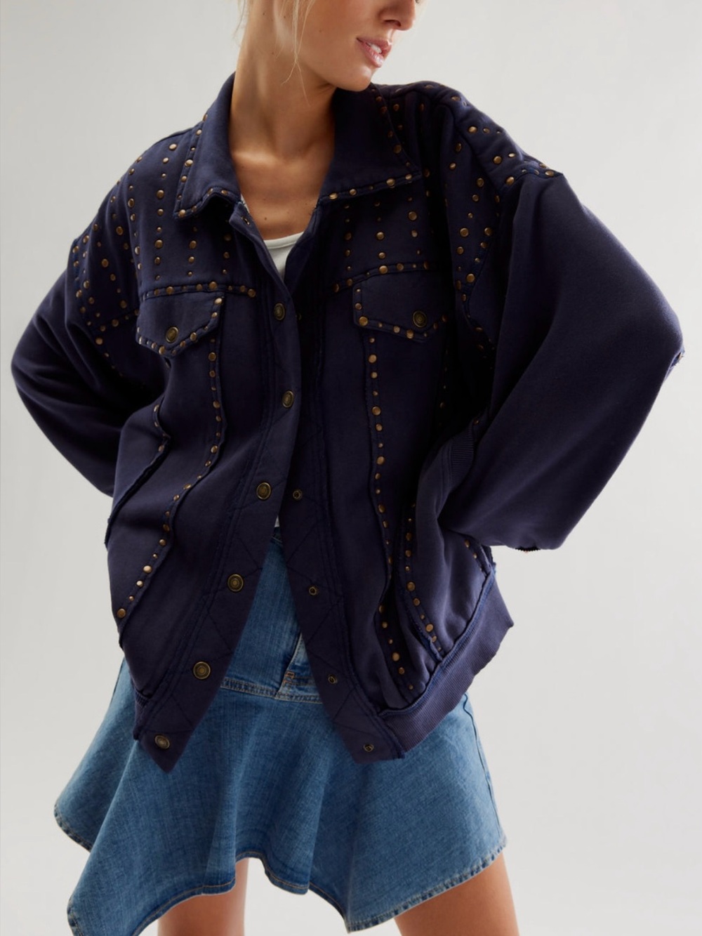 Free People We The Free Keepin’ On Studded Trucker Jacket Navy M